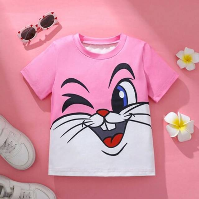 SHEIN Girls&#39; Casual Everyday Cute Rabbit Expression Pattern Round Neck Short Sleeve T-Shirt, Soft And Comfortable Knitted Fabric, Suitable For Easter, Fun C