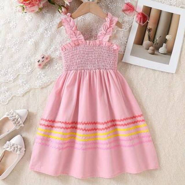 SHEIN Girls Casual Loose Wavy Ruffle Trim Pleated Camisole Midi Dress, Summer