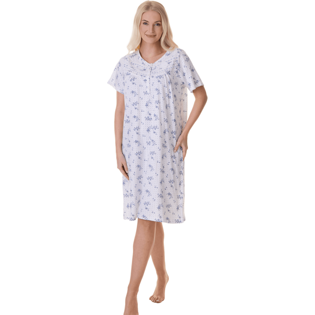 Lightweight 100% Cotton Short Sleeve Summer Nightdress - Blue - 10-12