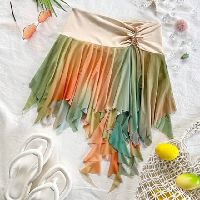 Soleia Yellow & Green Ombre Asymmetrical Hemline Metal Accent Skirt, Suitable For Date, Beach, Afternoon Tea, Vacation, Airport Outfits, Summer, Easter, Vaca