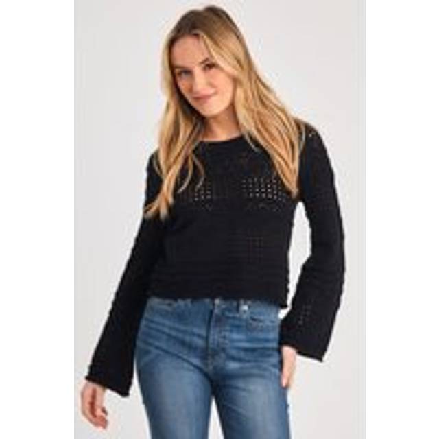 Crew Neck Long Sleeve Crochet Bobble Knit Jumper - Black - M