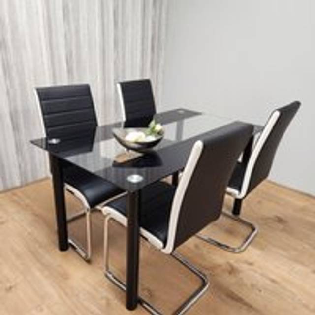 Black White clear Glass Dining Table with 4 Black Chairs