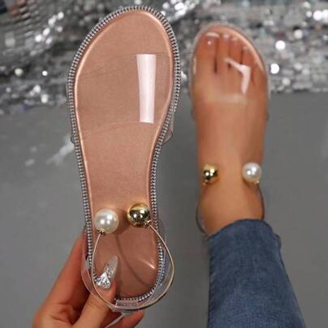 SHEIN Women&#39;s Summer New Solid Color Casual Chic Metal Pearl Buckle Accent Flat Sandals