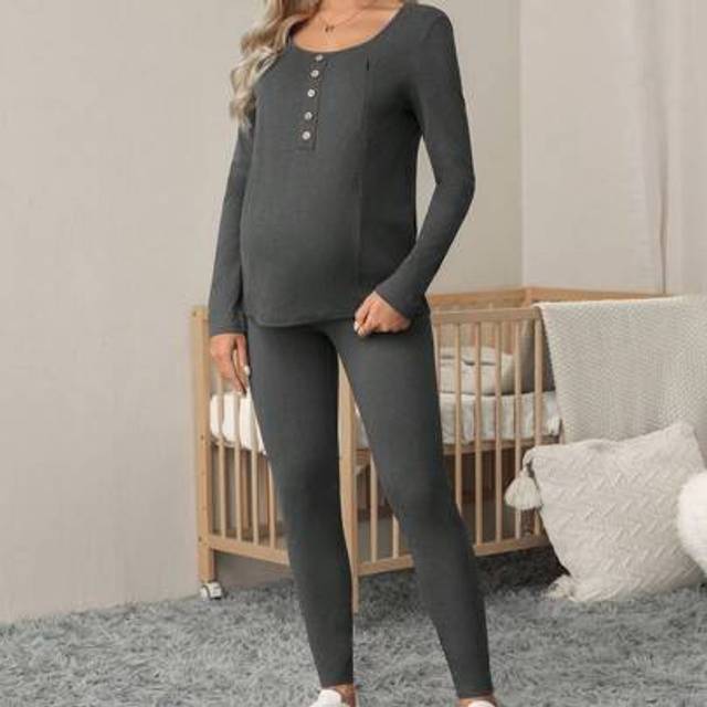 SHEIN 2pcs Maternity Set With Zip Nursing Blouse And Comfort Elastic Waist Pants
