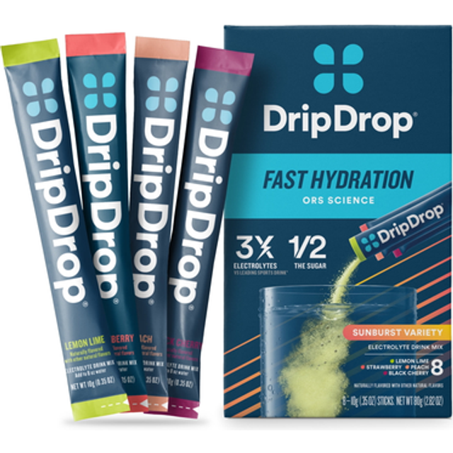 DripDrop Sunburst Variety Pack Electrolyte Drink Mix Lemon Lime-Strawberry-Peach-Black Cherry 8 Sticks