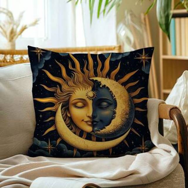 SHEIN 1pc Retro Abstract Sun Design Throw Pillow Cover, Single-Sided Soft Plush Fabric, 45*45CM Cushion Cover For Home Decor, Party Decoration, Gift