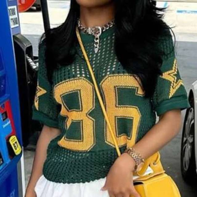 SHEIN Y2K 90s Streetwear Letter Number Star Pattern Short Sleeve Knit Top With Hollow-Out Design, School, Football Style O-Neck Causal Loose Fit Graphics Pu