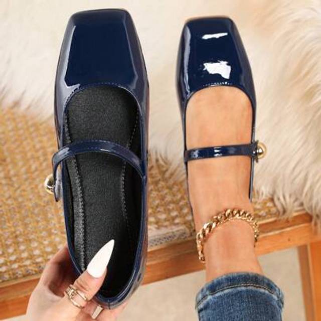SHEIN 2025 Women&#39;s Vintage Square Toe Mary Jane Flats, Versatile Flat Shoes, Glossy Finish, Spring/Autumn