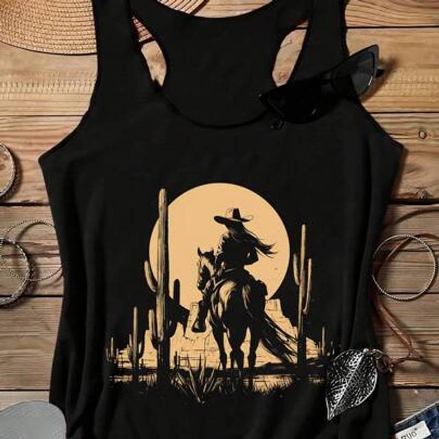 SHEIN Women&#39;s Casual Western Sunset Cowgirl Printed Tank Top, Summer