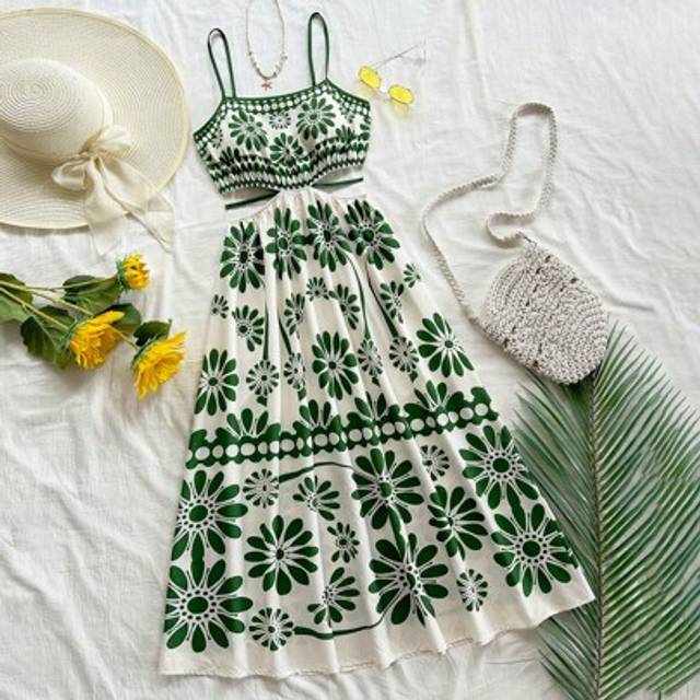 Soleia Women&#39;s Green Tropical Floral Retro Print Sleeveless Midi Dress With Side Cutouts And Tie Waist, Vacation Style,Summer Dresses For Women