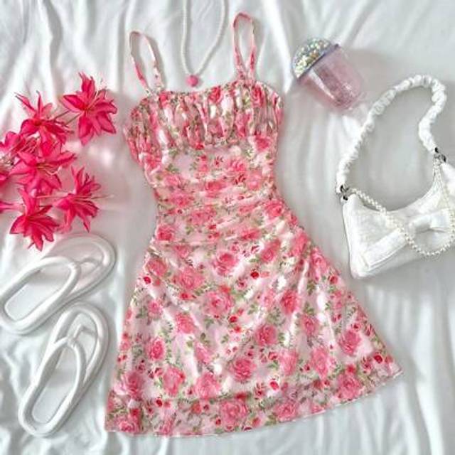 SHEIN Teen Girls Dreamara Red & White Floral Mesh Halter Neck Dress, Vintage//Beach/Sea/Elegant/Cute, Suitable For Spring & Summer, New Year, Valentine&#39;s Da