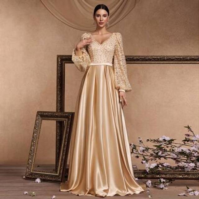 SHEIN Luxury Bead Splicing Gold Satin Long Sleeve Formal Evening Dress, Elegant Pockets Fashion Party Dinner Ball Gown, Suitable For Wedding Events, Bachelo