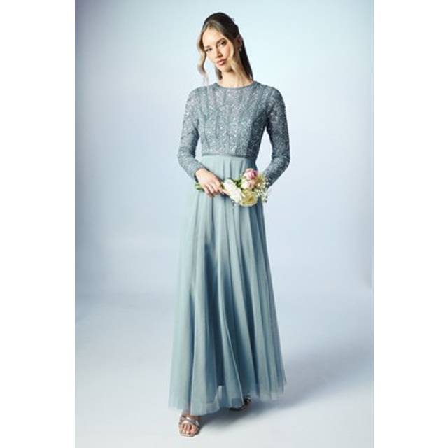 Mixed Gem Tulle Skirt Bridesmaid Dress - Dusty Blue - 14