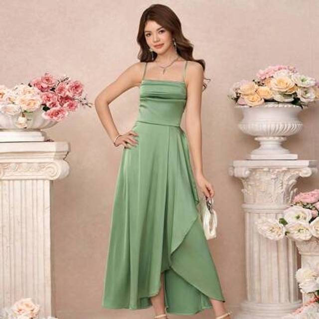 SHEIN Teen Girls&#39; Green Spaghetti Strap Ruched Waist Asymmetric Ruffle Hem Elegant Long Fitted Satin Formal Dress, Suitable For Weddings, Bridesmaid, Prom,