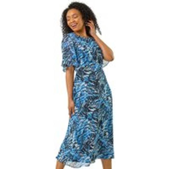 Abstract Print Gathered Midi Dress - Navy - 14