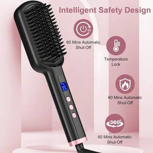 SHEIN Negative Ions High Temperature Hair Straightener Brush, 2-In-1 Function As Comb & Hair Straightener, LCD Display Shows Temperature Range 100-230Â°C, 1