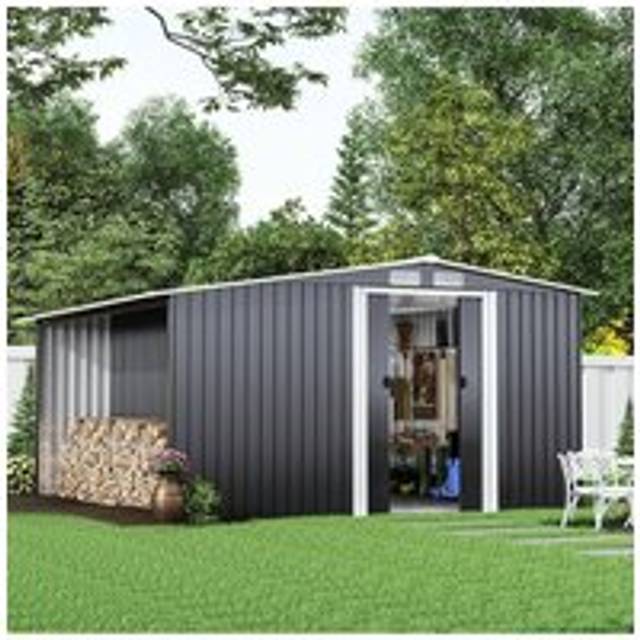 Garden Metal Storage Shed with Log Storage - Black - One Size