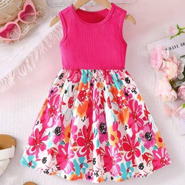 SHEIN Girls&#39; Casual Vacation Floral Tropical Print Round Neck Sleeveless High Waist Short Dress