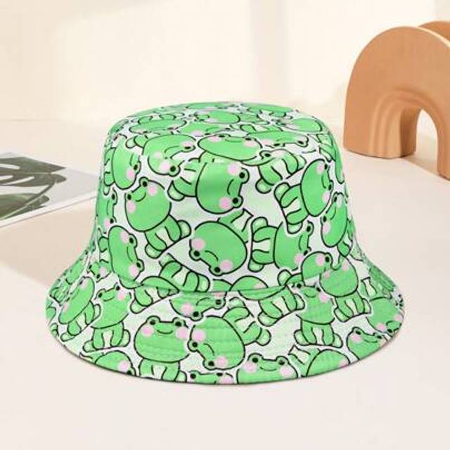 SHEIN 1pc Women&#39;s Cartoon Frog Print Reversible Bucket Hat, Summer Sunscreen Outdoor Casual Hat