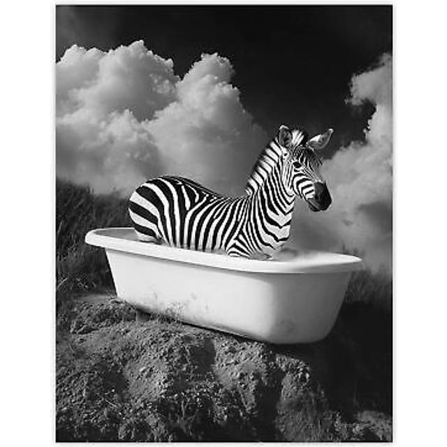 Zebra Bath Time in Bathtub Black White Surreal Wall Art Print - Grey - W18 inch x H24 inch