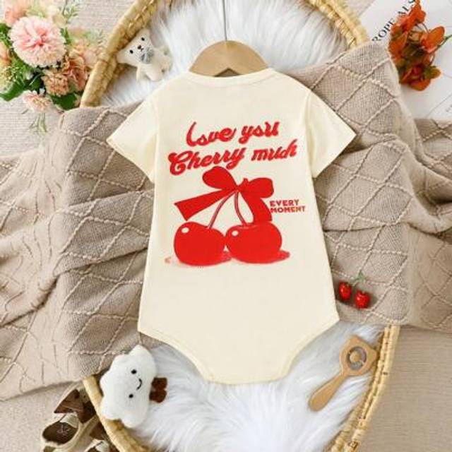 SHEIN Baby/Baby Girl Cherry Print T-Shirt With Cool Fashion Design, Apricot Colored