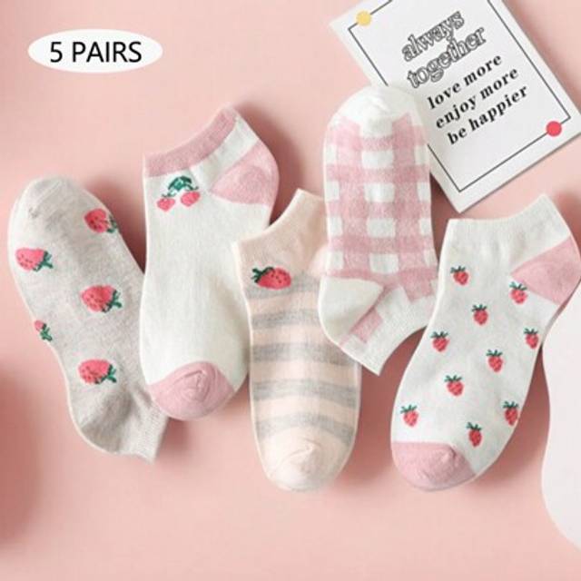 SHEIN 5 Pairs Of Pink Cute Strawberry Fruit Design Casual Breathable Short Socks Kit