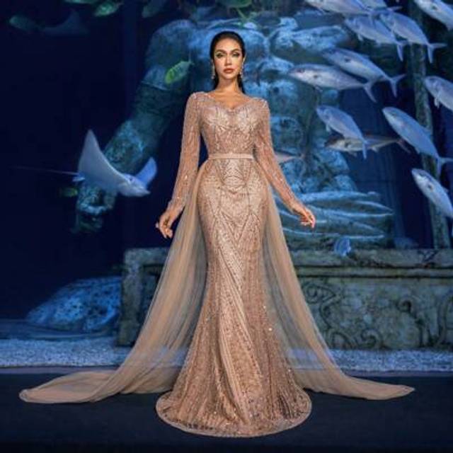 SHEIN Luxurious Beaded Mermaid Gown With Sheer Overlay - Enchanting Fantasy Dress For Garden Banquets, Red Carpet Events, Marine-Themed Weddings & Aquatic P