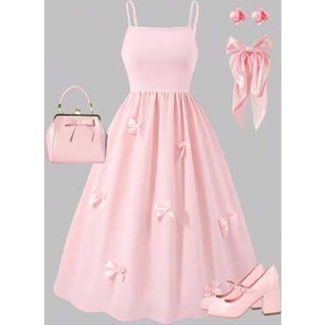SHEIN Holiday,Summer,TravelTeen Girls Elegant Lovely Bow Sleeveless Slip Dress, Waist Cinched Cute Dress In Pink, Suitable For Summer And Spring Wear, Suita