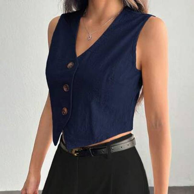 Casual Office Lady Ärmlös blus med knapp framtill - Marinblå (Petite XXS,Petite XS,Petite S,Petite M,Petite L)