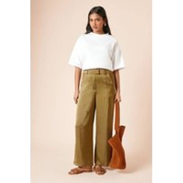 Womens Petite Tailored Satin Straight Leg Trouser - Khaki - 10