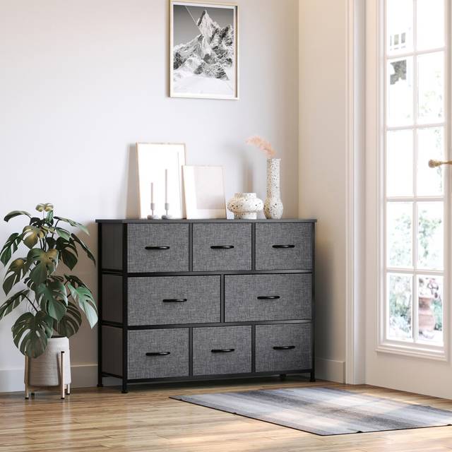 HOMCOM Chest of Drawers Bedroom Dresser with 8 Fabric Drawers, Dark Grey, Grey