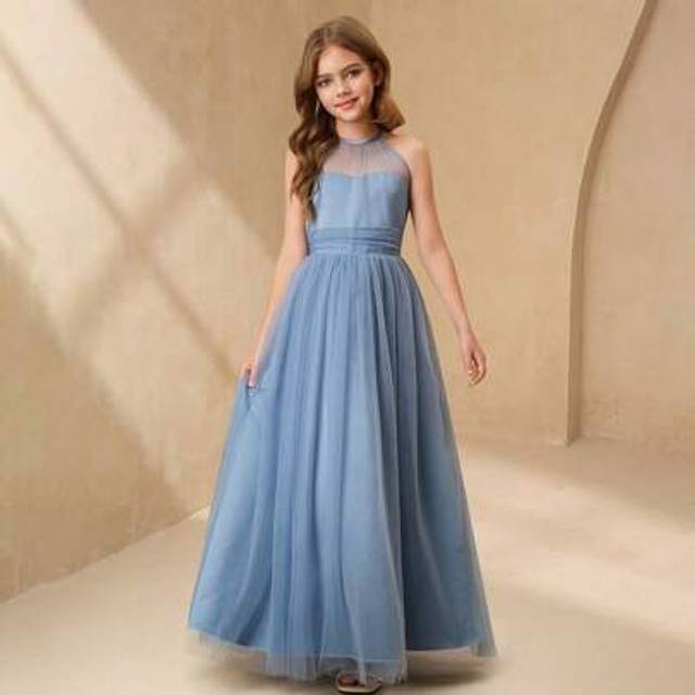 SHEIN Wedding Flower Girl Elegant Ball Gown Dress, Backless Sleeveless Light Blue Mesh Midi Dress, Girls Fancy Fashion Puffy Princess Dress, Suitable For We