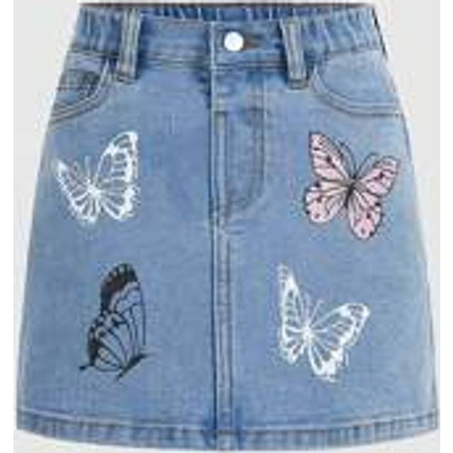 Unga flickor jeanskjolar - utomhus söt & härlig sommar blommig fjärilstryck Elastisk midja monterad färgad jeans mini kjol - Ljustvätt (6Y,7Y,4Y,5Y)