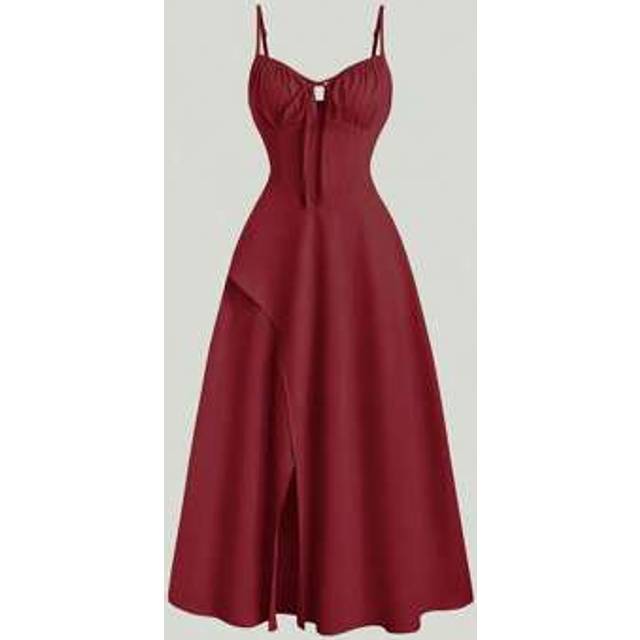 Flirla Solid Color High Split Casual Vacation Spaghetti Strap Midi Dress Maxi Women Outfit