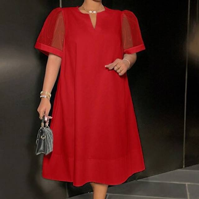 Lös solid vit V-ringad kortärmad mesh-kontrast Knälång Plus Size-klänning för kvinnor, elegant, pendlare, fest, sammankomst, datum - vår/sommar - Röd (0XL,1XL,2XL,3XL)