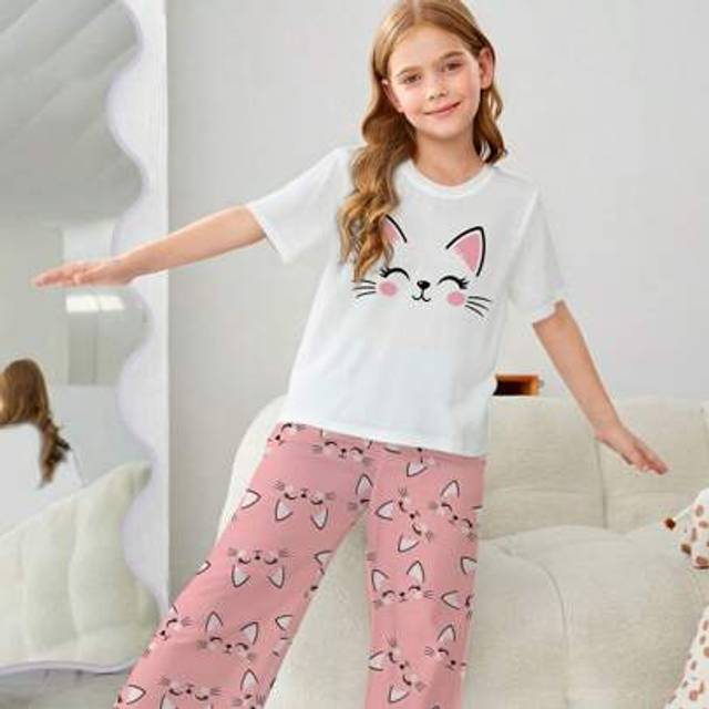 SHEIN Tween Girl Cartoon Cat Print Casual Minimalist Round Neck Short Sleeve Pants Pajamas Set, Suitable For Spring & Summer