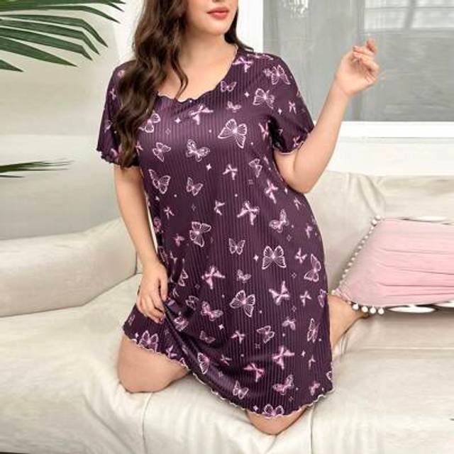 SHEIN Plus Size Knitted Stripe & Butterfly Print Nightgown