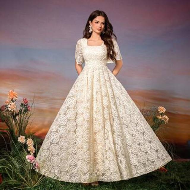 SHEIN Square Neck Flare Sleeve Floral Applique Flowy & Elegant Midi Dress Party Dress Wedding Guest Dress Formal Dress Evening Dress
