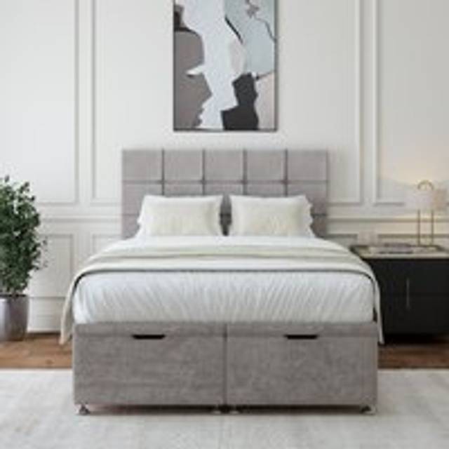 Bedmaster Luxury Velvet Ottoman Divan Base And Square Headboard In Light Grey - Super King