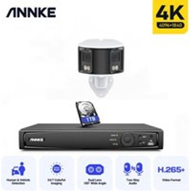 4K PoE Security Camera System Panoramic 180° Dual Lens Camera H.265+ 2 Way Audio Video cctv Surveillance Camera Kit - 1TB hdd - Annke