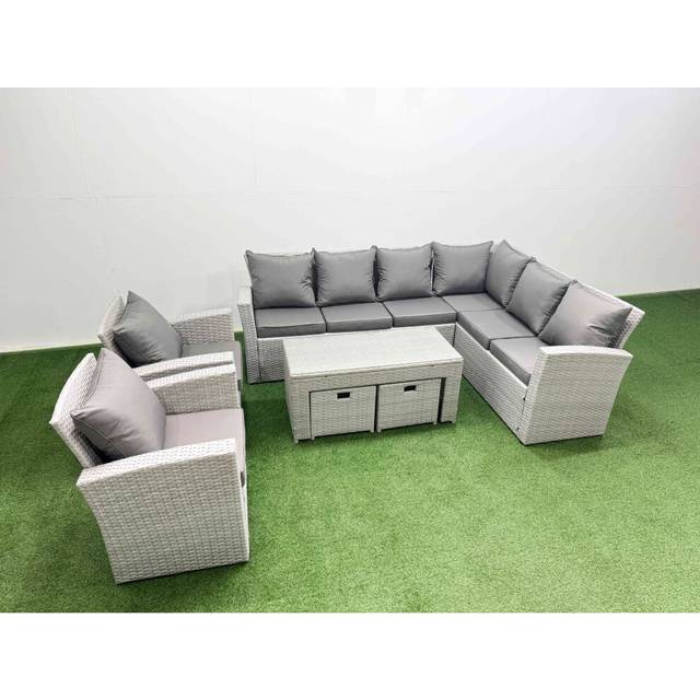 Rattan Garden Furniture Set 7 Pieces Outdoor Garden Sofa Oblong Coffee Table Set with 2 Chairs 2 Small Footstools Light Grey Mixed - Fimous