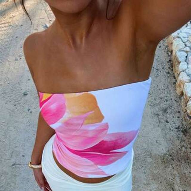 SHEIN Women&#39;s Floral Print Tube Tops Y2K Slim Fit Strapless Backless Bandeau Crop Tops Summer Sleeveless Tights Shirts Beachwear Party Tops Clubwear Y2K Str