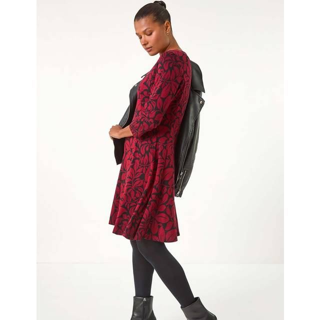 Leaf Print Skater Dress - Red - 16