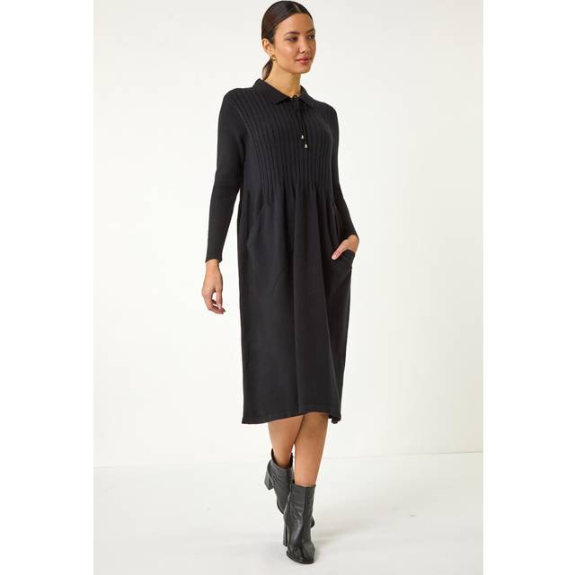 Roman Black Collared Neck Knitted Dress - Size ONE