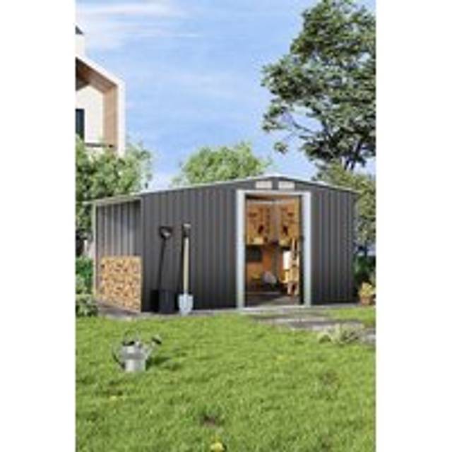 Black Outdoor Garden Metal Storage Shed with Log Storage - One Size