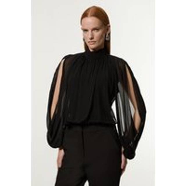 Petite Viscose Georgette Cady Lace Insert Bodysuit - Black