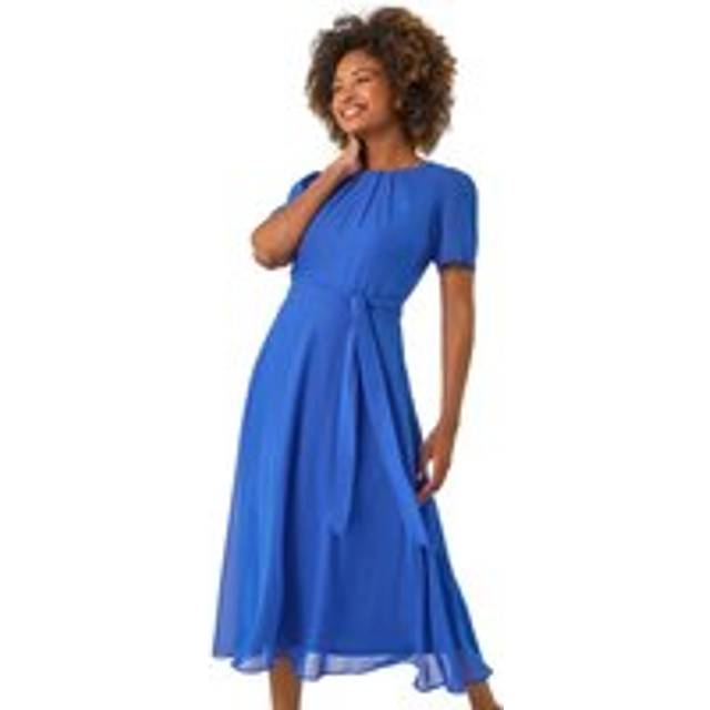 Pleat Chiffon Belted Midi Dress - Blue - 16