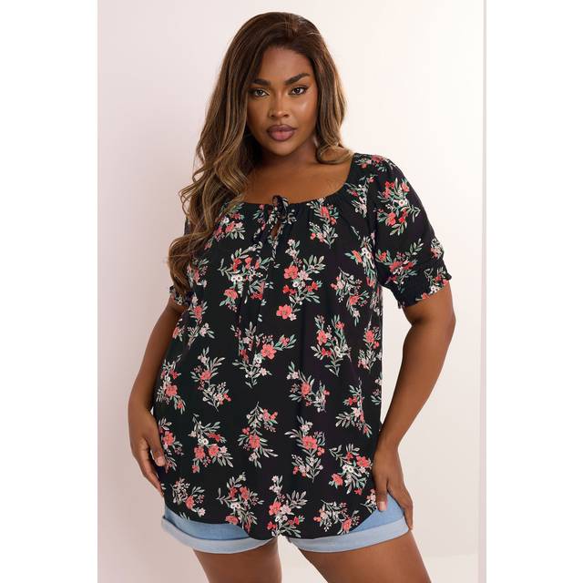 Yours Curve Black Floral Print Tie Front Top, Women's Curve & Plus Size, Yours - 30-32