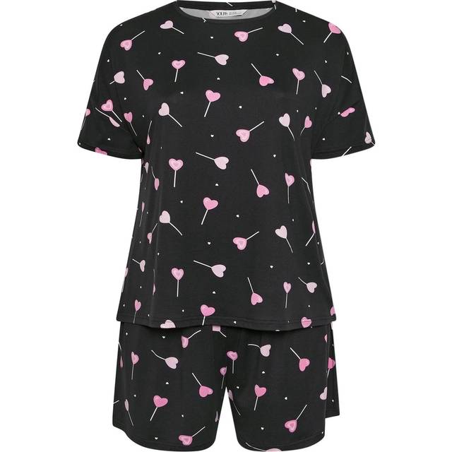 Yours Curve Black Heart Lollipop Short Pyjama Set - 26-28