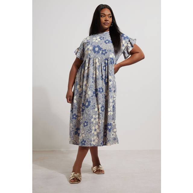 Yours Curve Blue Floral Print Frill Sleeve Midaxi Dress, Women's Curve & Plus Size, Yours - 14